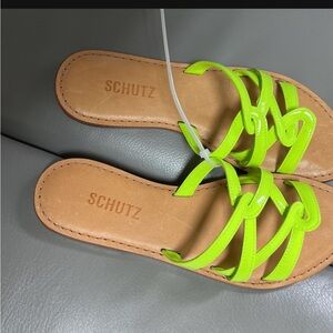 SCHUTZ Green Strappy Flats with Woven Design